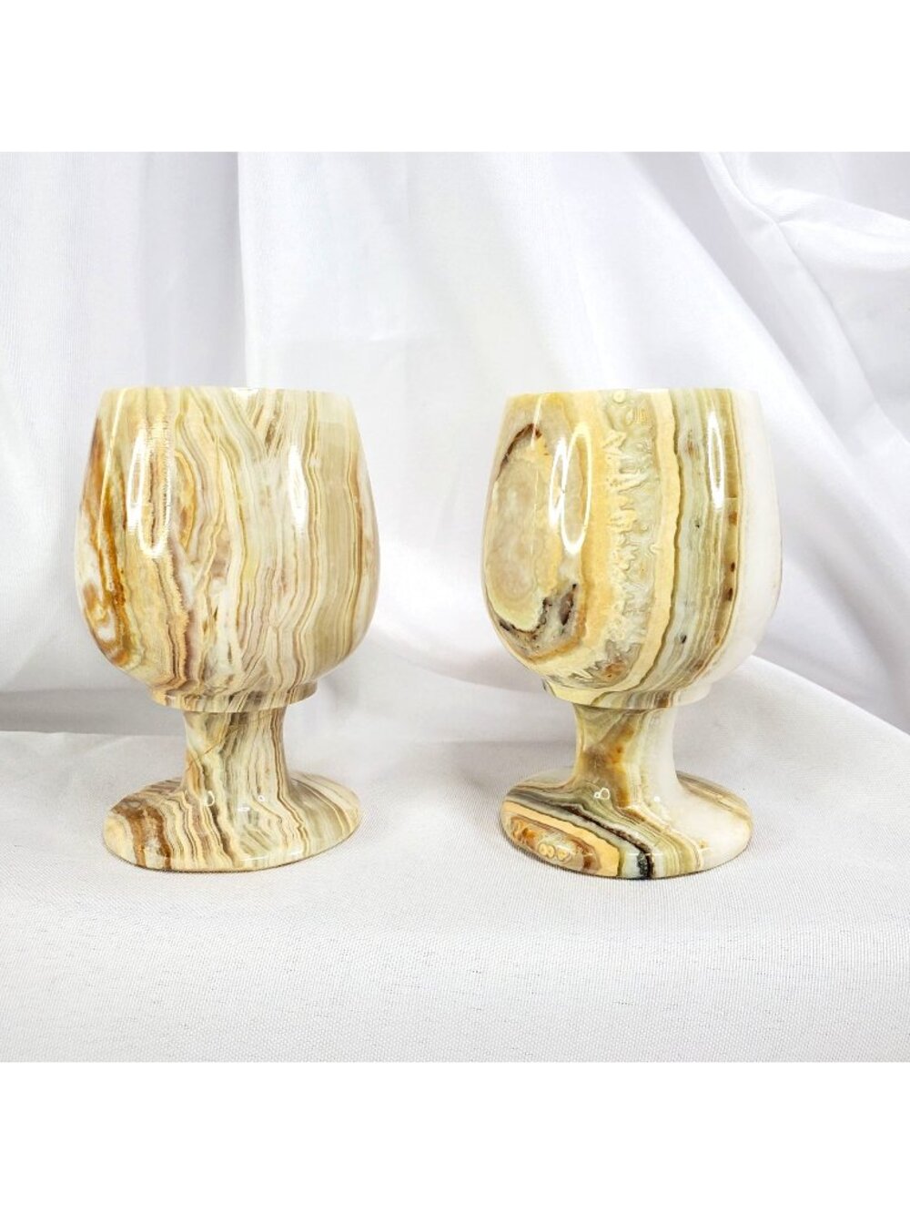 2 Hand-Carved Marble Onyx Cups Wine Goblets 4 Inches Tall DAMAGED